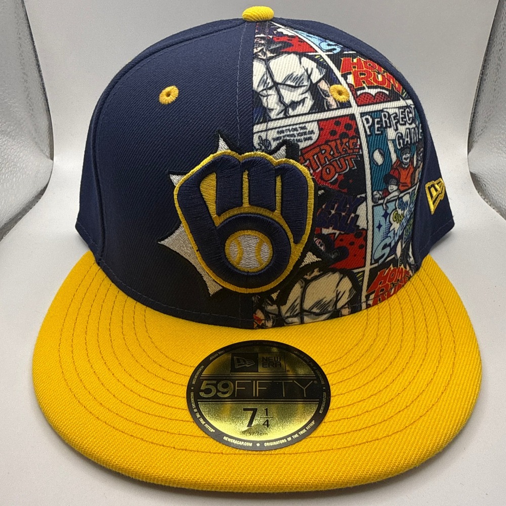 New Era 59FIFTY Milwaukee Brewers Comic Graphic Fitted Hat 7 1/4 Navy Yellow